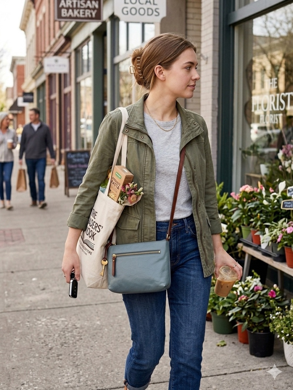 Fossil Blue Leather Crossbody with Brown Strap